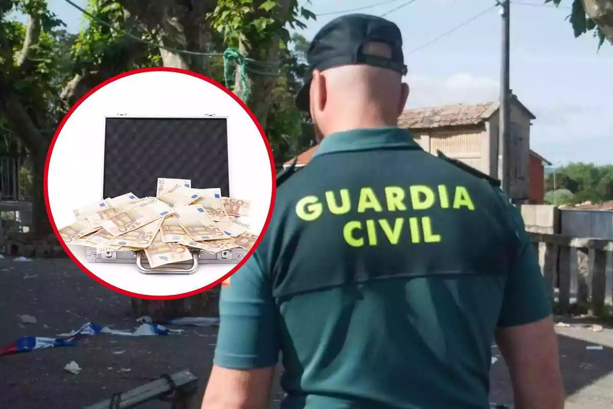 Montaje de un Guardia Civil y una maleta con billetes de 50 dentro