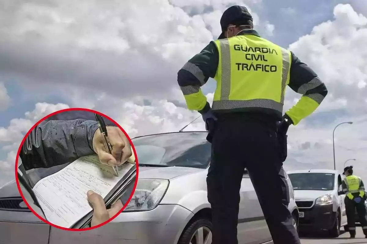 Montaje de un guardia civil de tráfico en la carretera parando a gente y una imagen de una multa