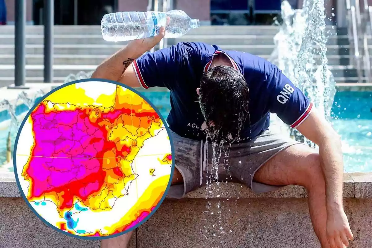 Montaje con un hombre tirándose el agua de una botella en la cabeza y un círculo con el mapa de temperaturas de la AEMET