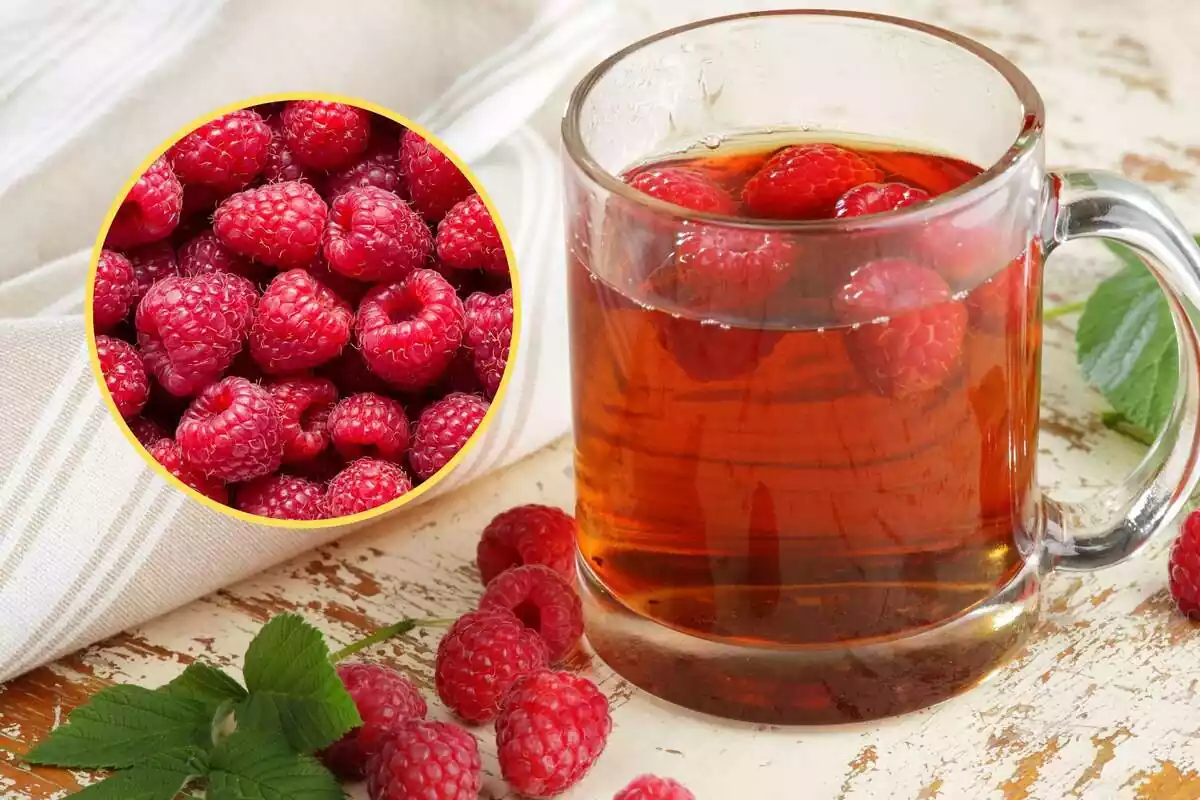 Montage of raspberry infusions and circular infusions with many raspberry images