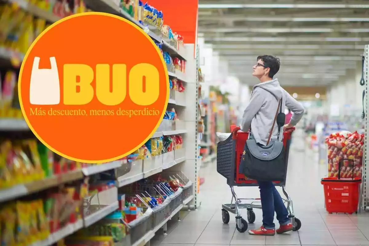 Montaje con una mujer comprando en un supermercado y un círculo con el logo de Buo