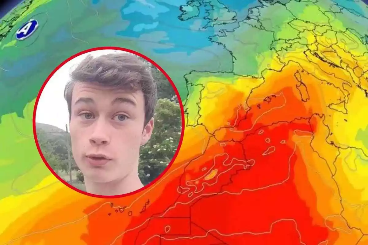 Montaje con la cara de Jorge Rey y un mapa de la ola de calor sobre España