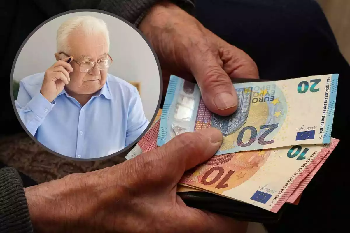 Montaje con las manos de una persona mayor sujetando billetes de euro y un círculo con un jubilado con cara de pensativo