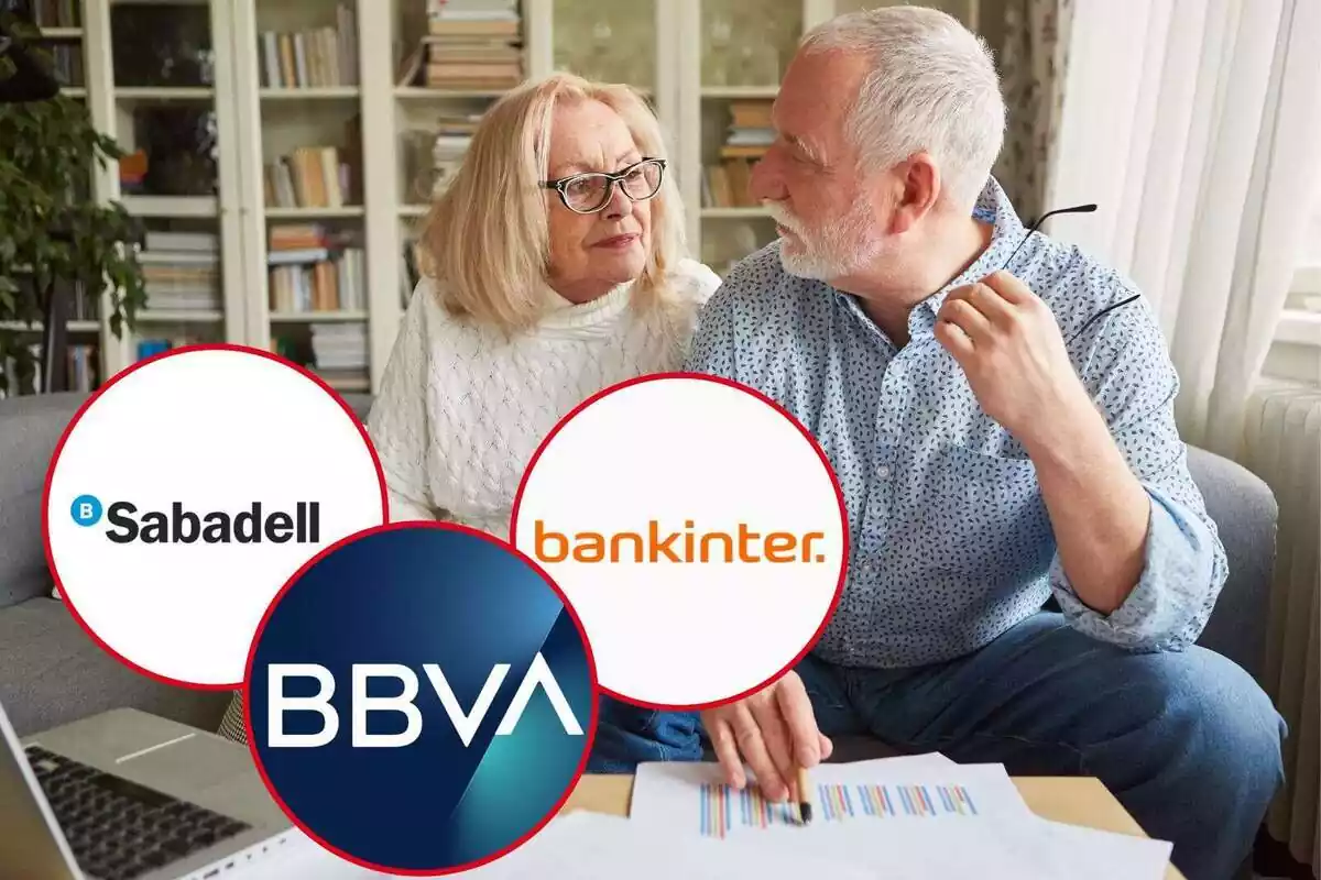 Montaje de dos personas jubiladas junto a tres imágenes de Bancos: Sabadell, BBVA y Bankinter