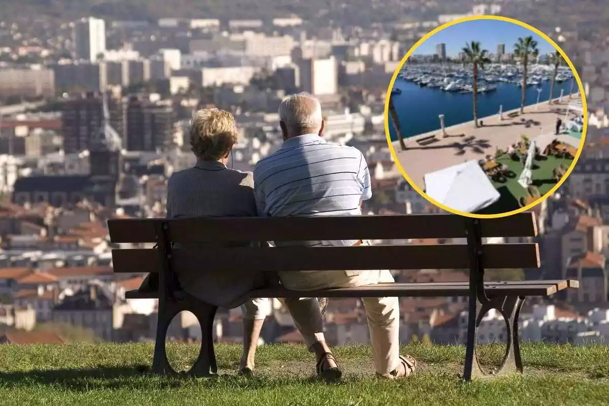 Montaje de unos jubilados sentados en un banco mirando la ciudad y el puerto de Alicante
