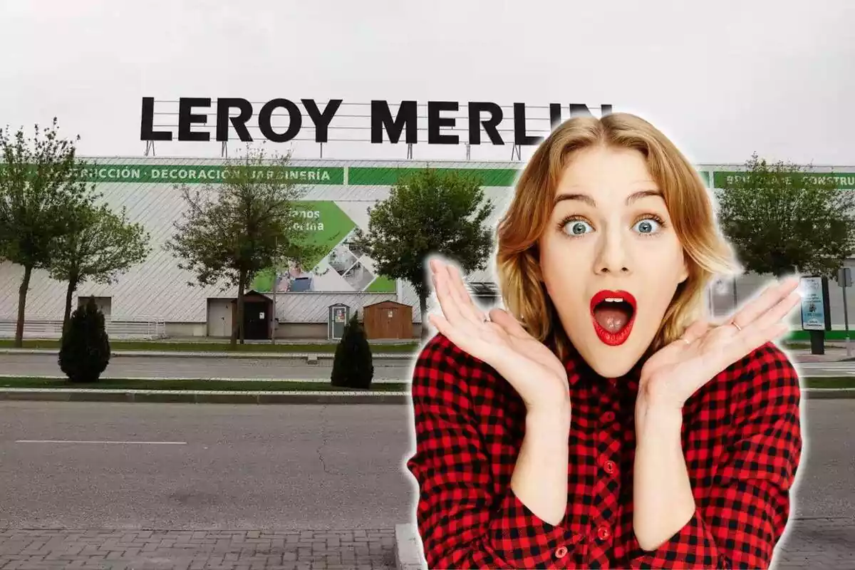 Montaje con una imagen de una tienda de Leroy Merlin de fondo y una mujer con cara de sorprendida