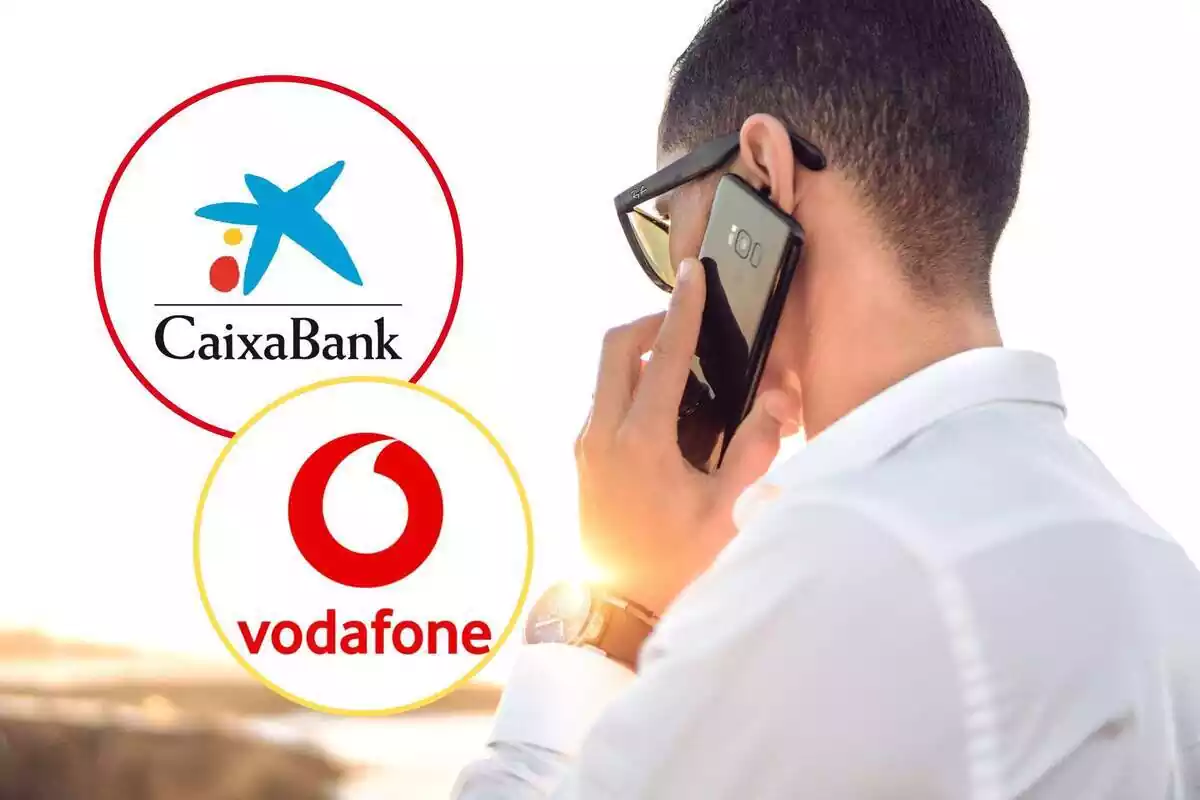 Montaje de una persona en llamada y los logos de CaixaBank y Vodafone