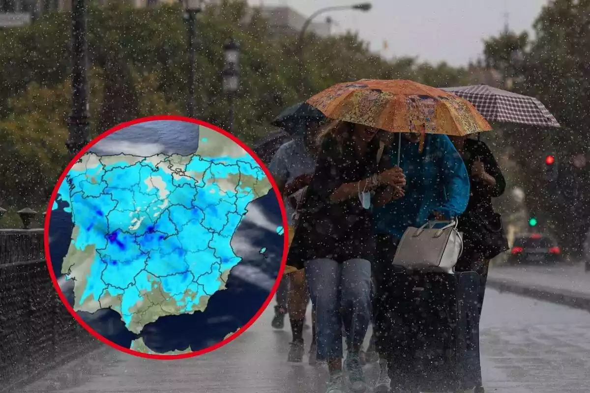 Montaje con una imagen de un temporal de lluvia y gente con paraguas y un círculo con el mapa de precipitaciones