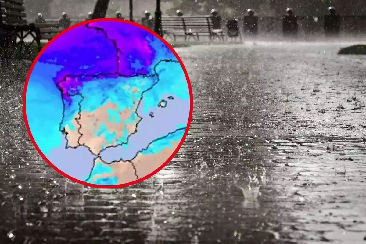 Montaje con una imagen de un temporal de lluvia y un círculo con el mapa de precipitaciones