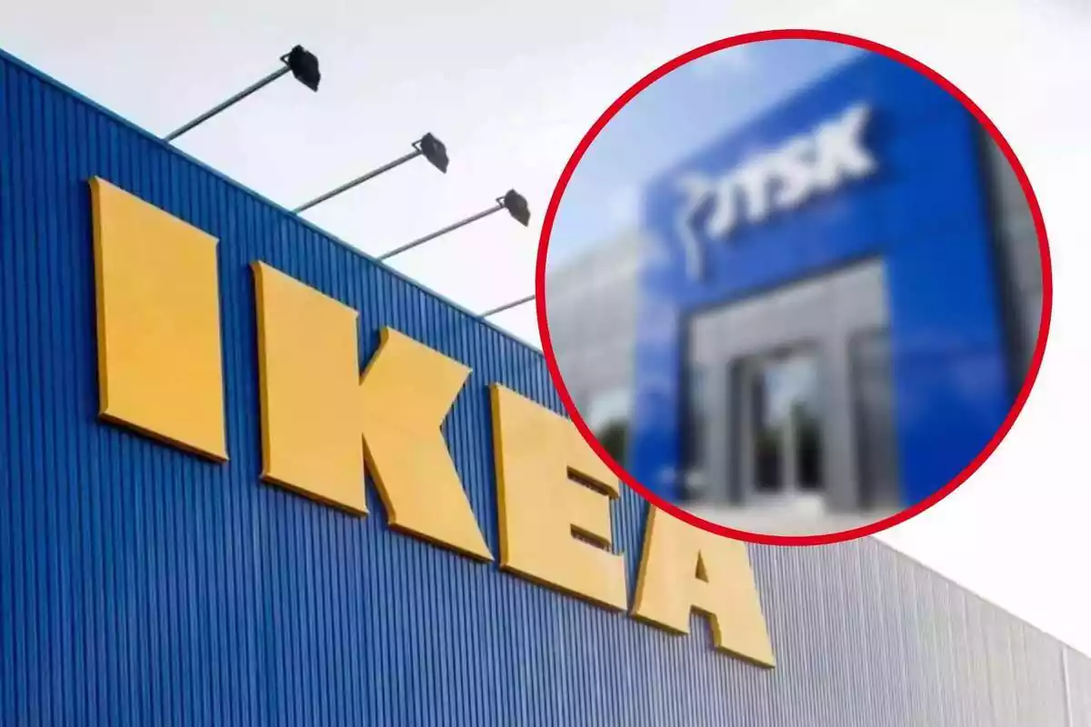 Montaje con el logo de Ikea en el exterior de una tienda y un círculo con una tienda de JYSK