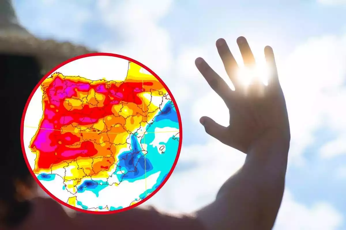 Montaje con una persona tapando el sol con la mano y un círculo con el mapa de temperaturas de la AEMET