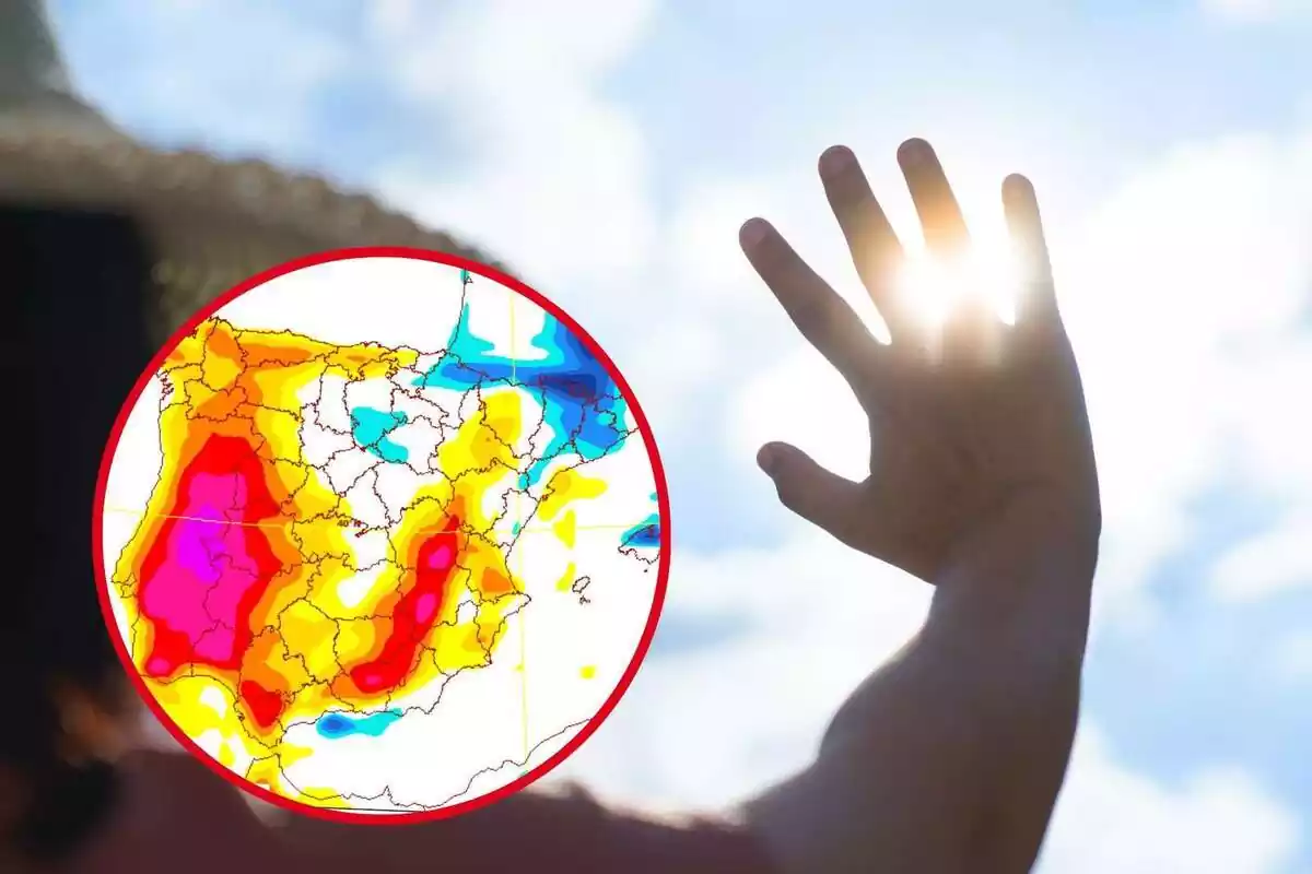 Montaje con una persona tapando el sol con la mano y un círculo con el mapa de temperaturas máximas del jueves, 22 de junio, de la AEMET