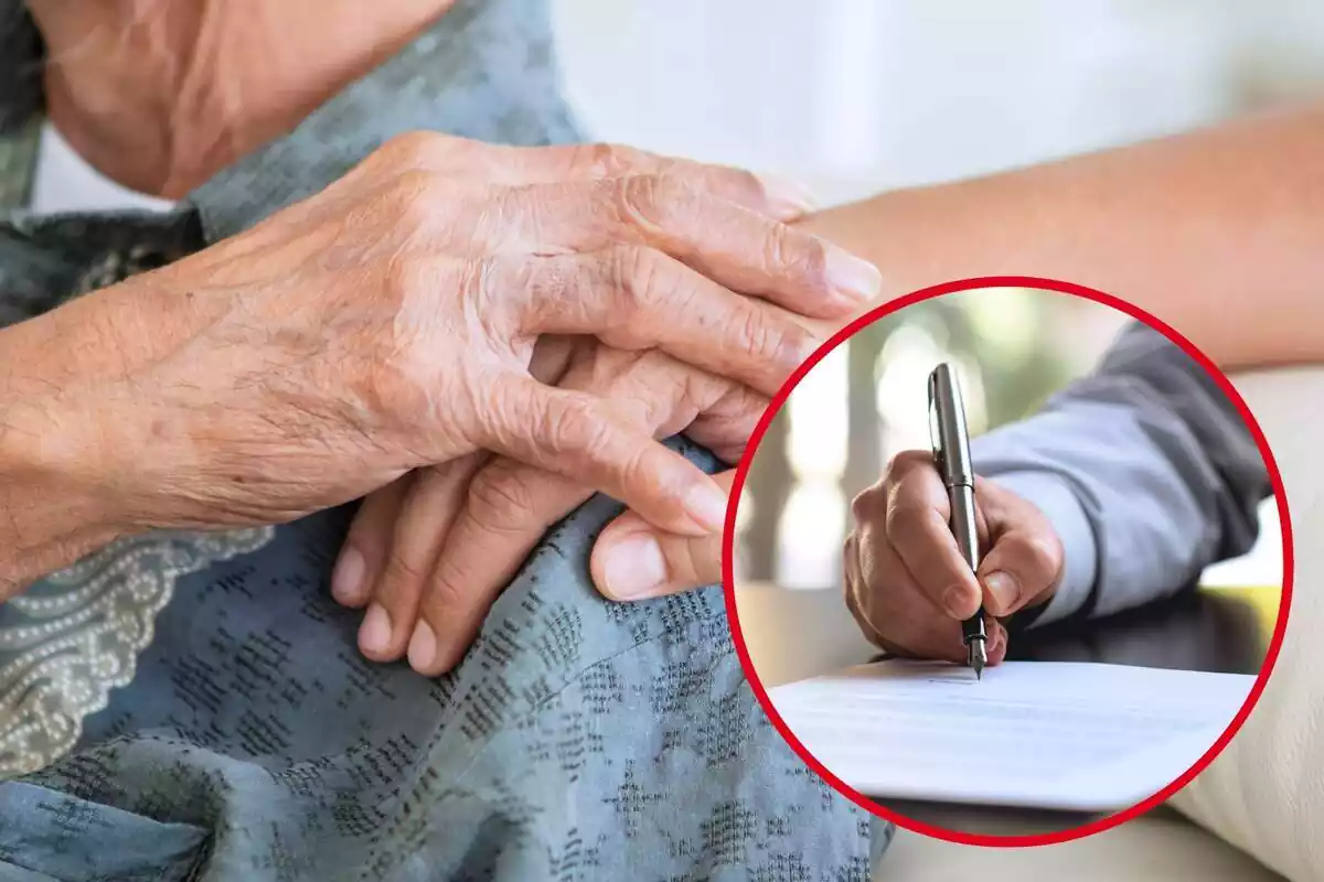 Montaje con la mano de un anciano agarrando otra mano y un círculo con una persona firmando un documento