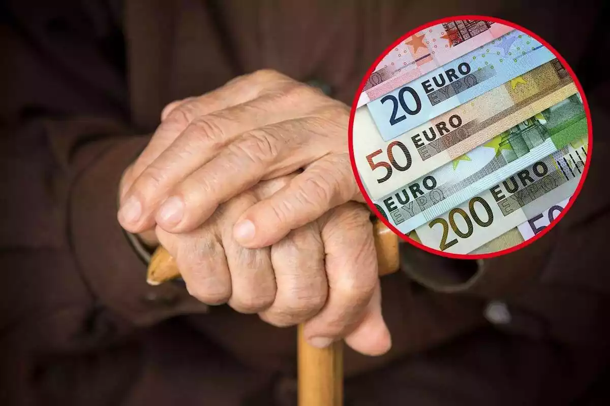 Montaje con las manos de una persona mayor y un círculo con varios billetes de euro