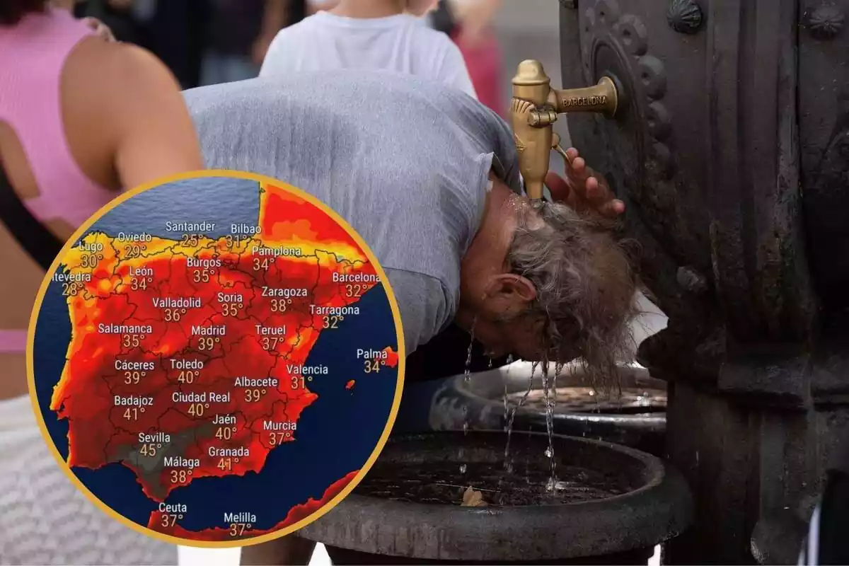 Montaje con un hombre mojando su cabeza en una fuente en la calle y un círculo con el mapa de España con la temperatura en las principales ciudades del país