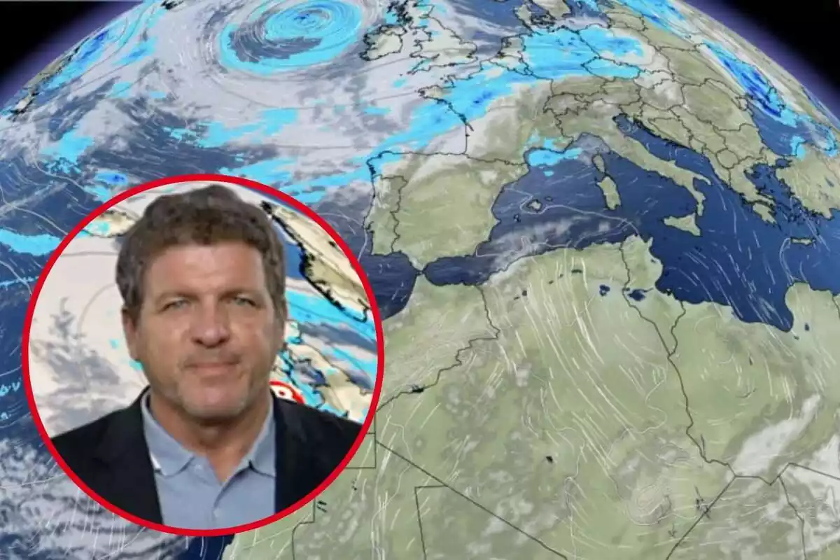 Montaje con el mapa radar de precipitaciones de eltiempo.es y un círculo con la cara de Mario Picazo con una sonrisa