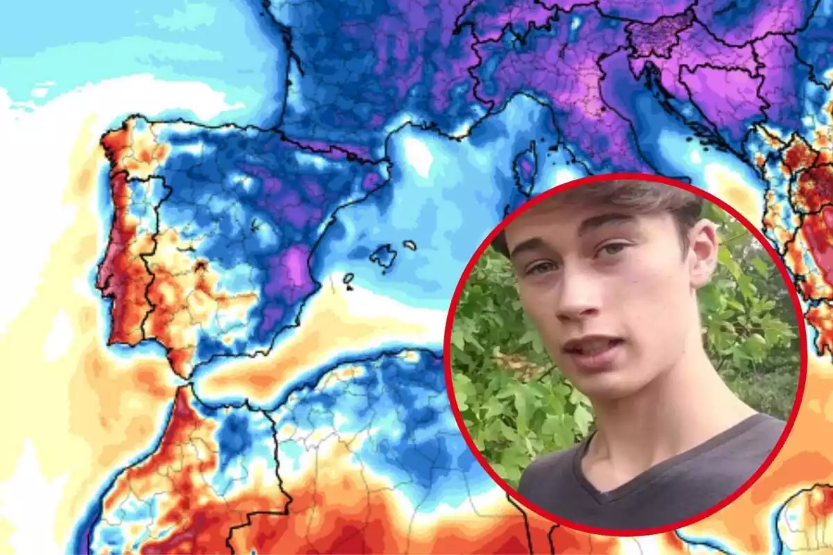 Montaje con un mapa de temperaturas de Europa y un círculo con la cara de Jorge Rey