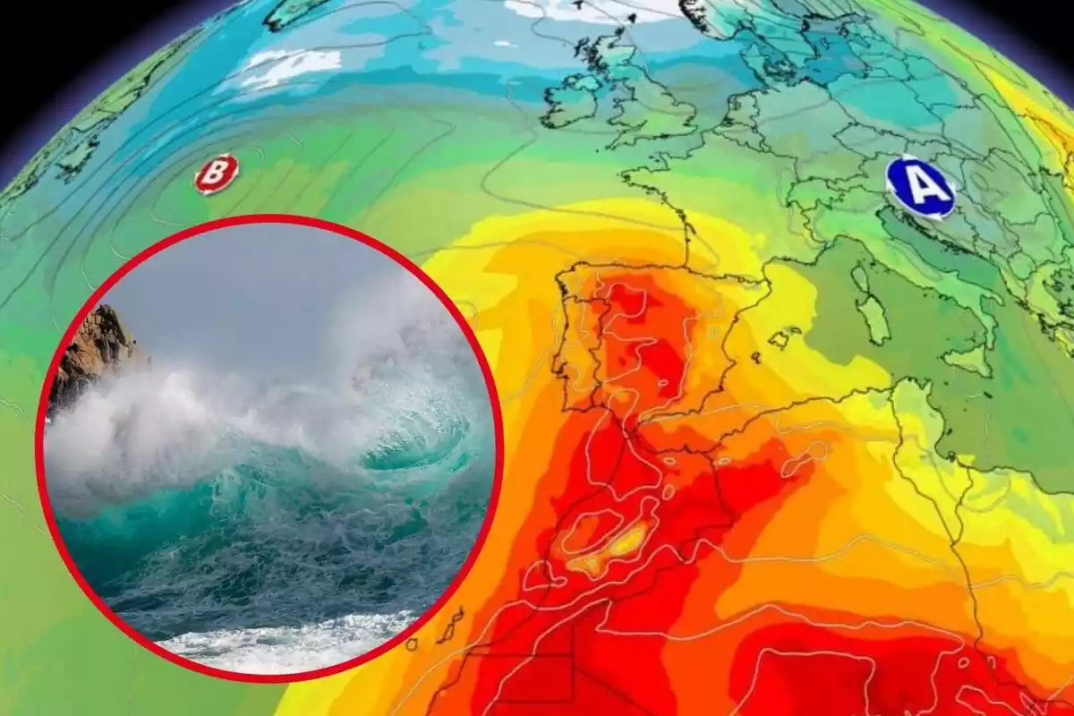 Montaje con un mapa de temperaturas de Europa y un círculo con olas en el mar