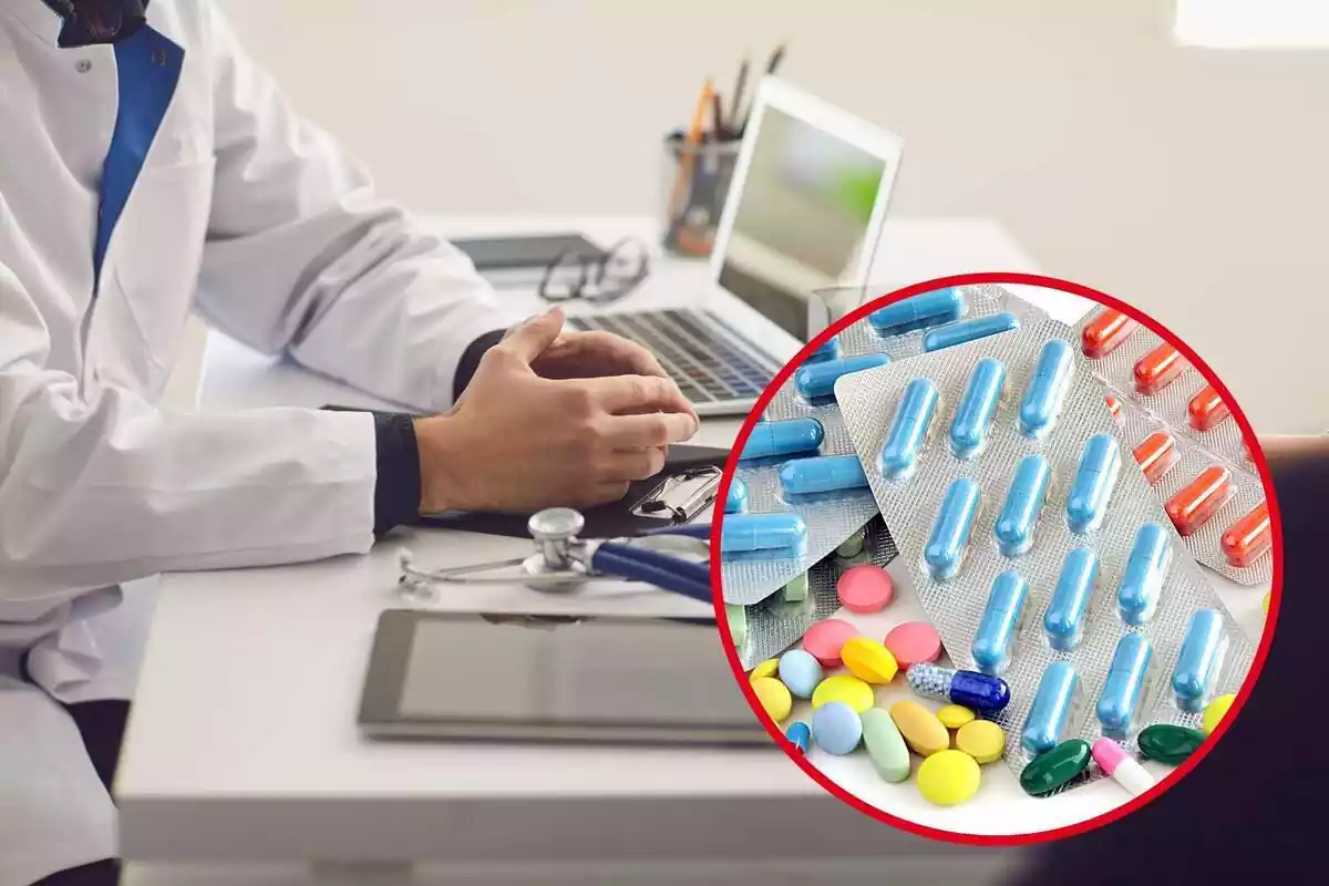 Montaje con un médico sentado con las manos encima de su mesa y un círculo con varios medicamentos