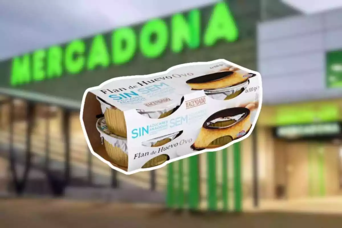 Montage Of A Blurred Background From Mercadona And A Pack Of Mercadona Sugar-Free Egg Custard On Top