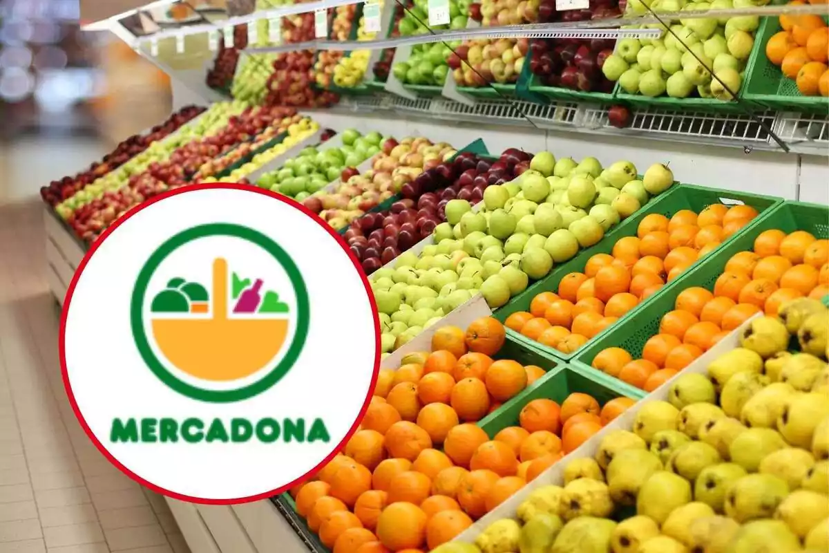 Montaje de Mercadona y una tienda de supermercado llena de frutas