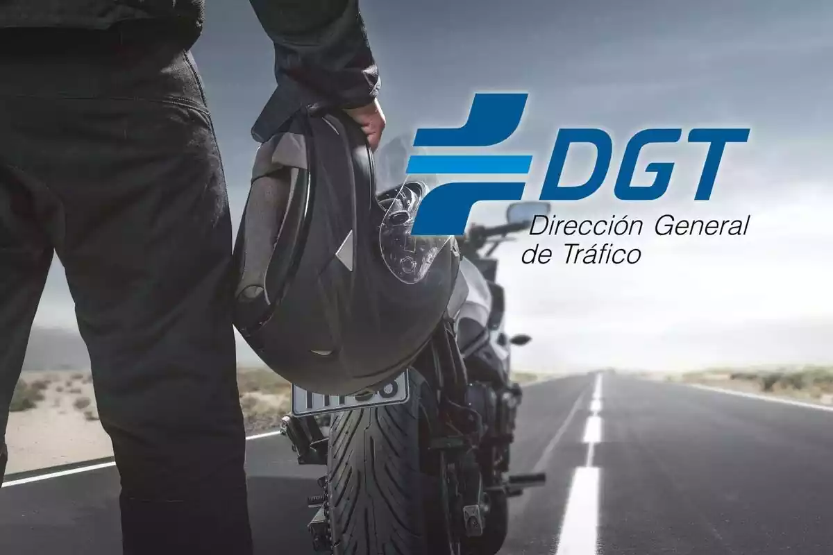 Montaje de una carretera con una moto, un casco y la media pierna de un motorista y el logo de la DGT