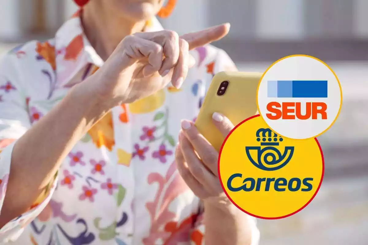 Montaje de una mujer usando el móvil, con redondas de los logos de Correos y Seur