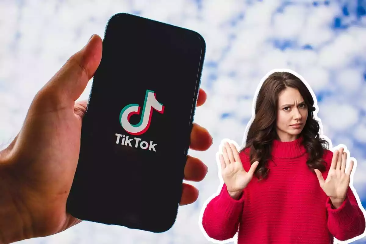 Montaje de un teléfono con el logo de TikTok y una chica gesticulando parar