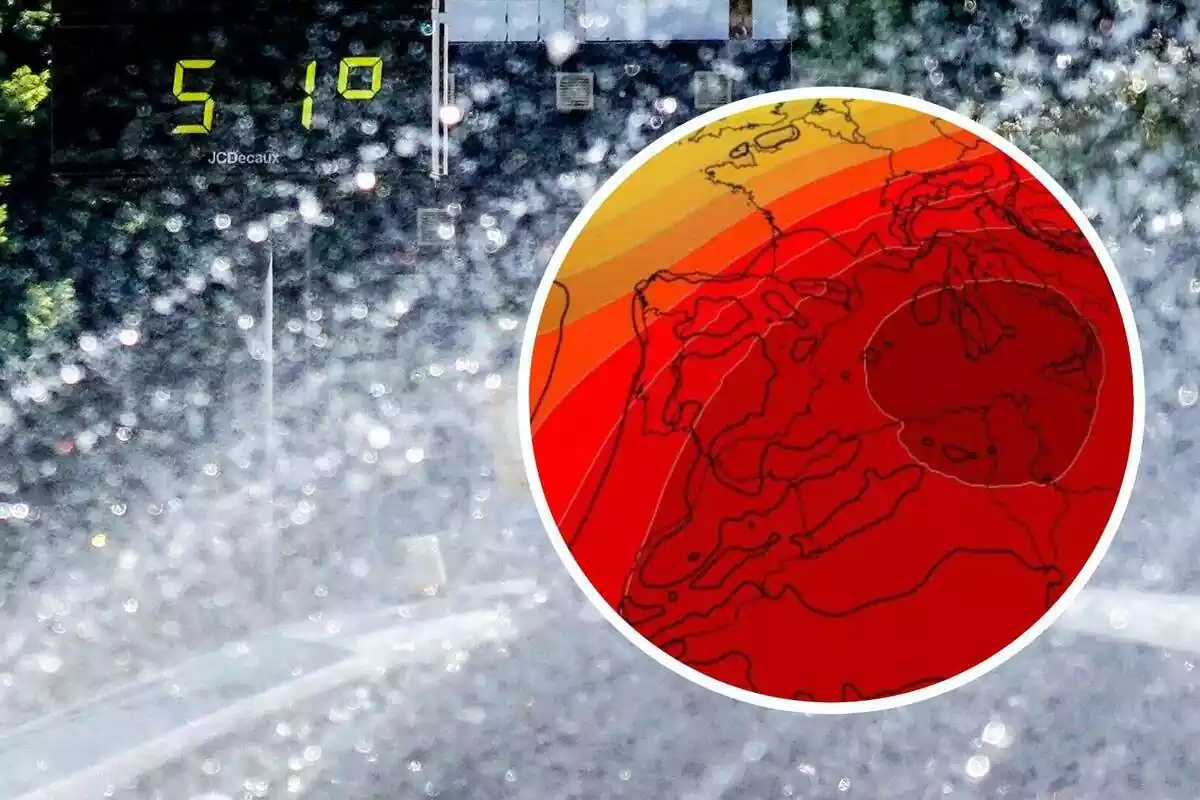 Montaje de un termómetro de la calle con 51 grados y un mapa de España con mucho calor