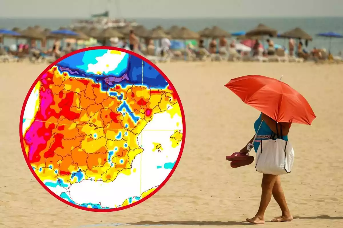 Montaje con una mujer andando descalza por la playa con una sombrilla y un círculo con el mapa de temperaturas máximas de la AEMET