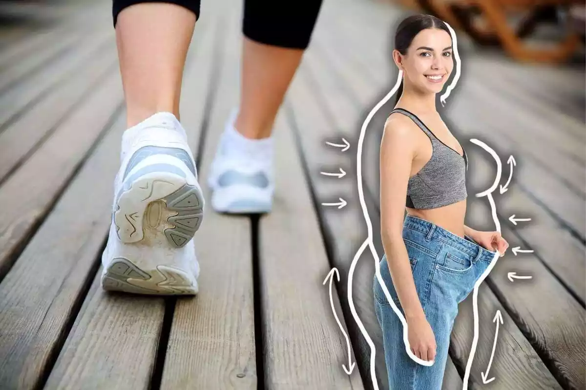 A montage of a walking person in the background and an image of a girl with a fat silhouette