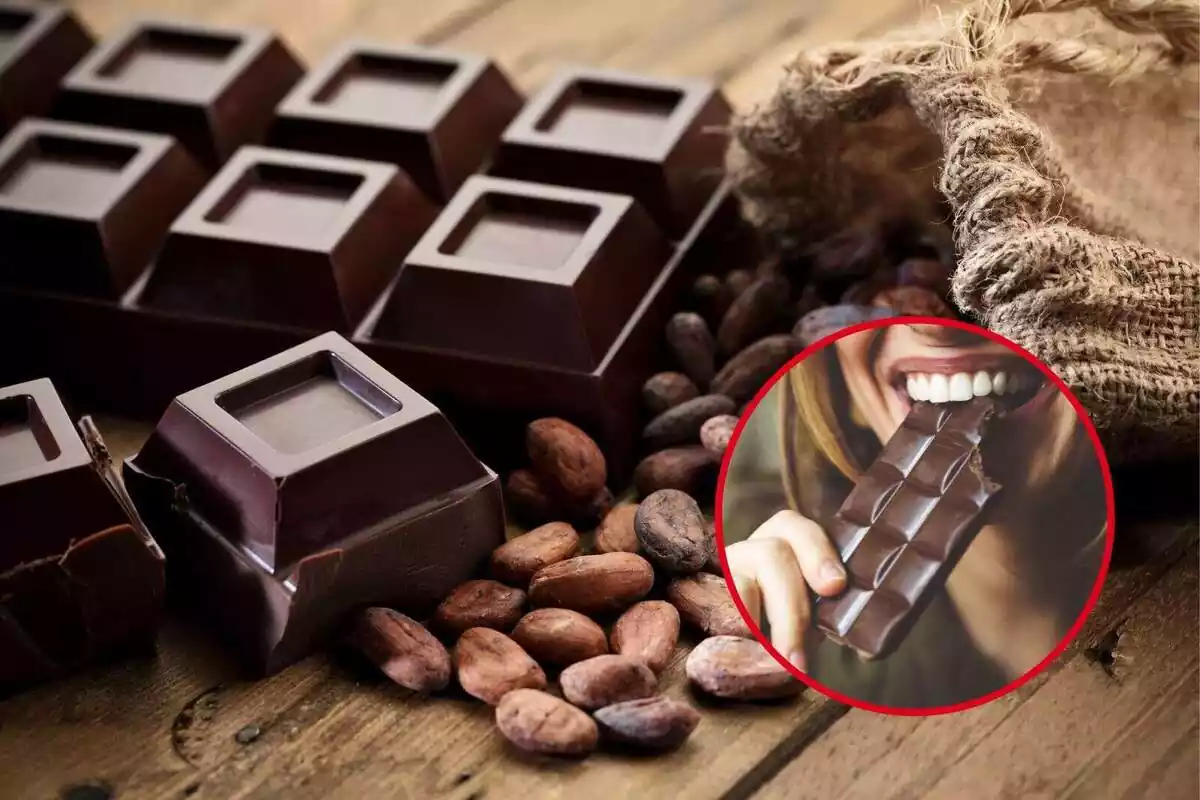 Montaje de un fondo con trozos de chocolate y una mujer comiendo una tableta