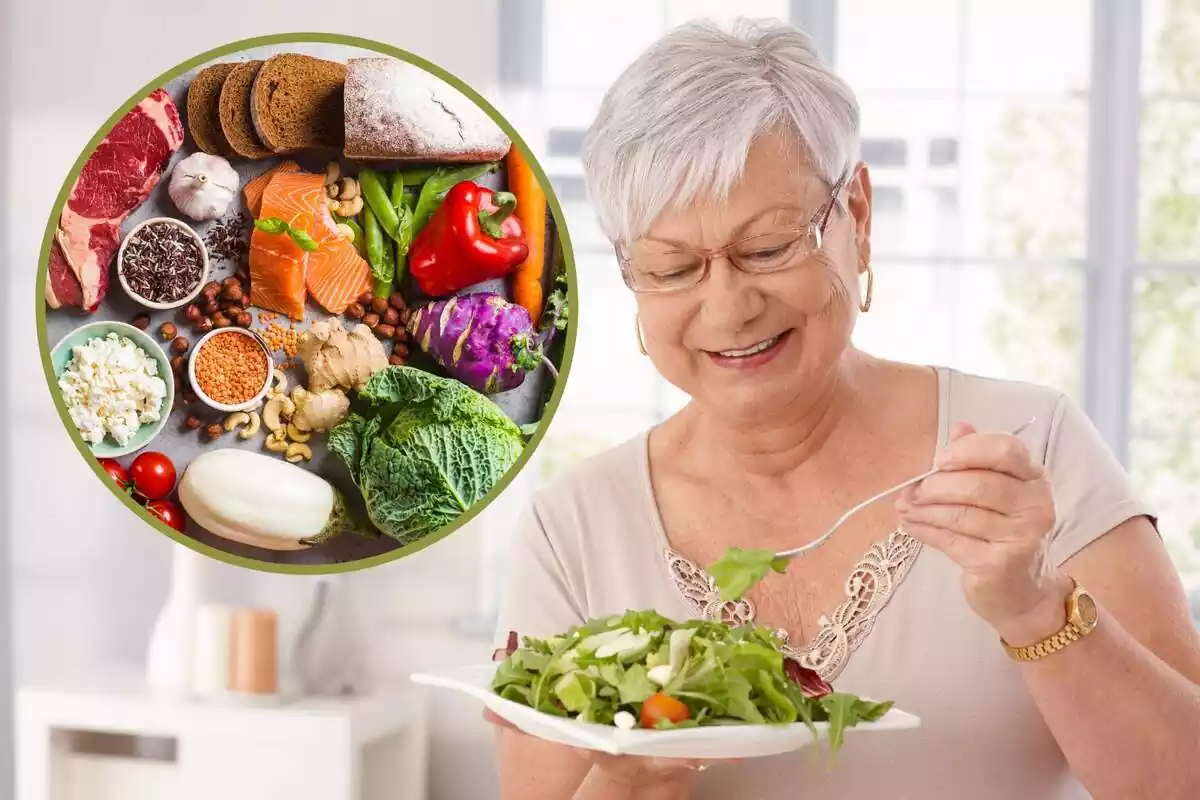 Montaje con una mujer mayor comiendo una ensalada y un círculo con varios alimentos encima de una superficie