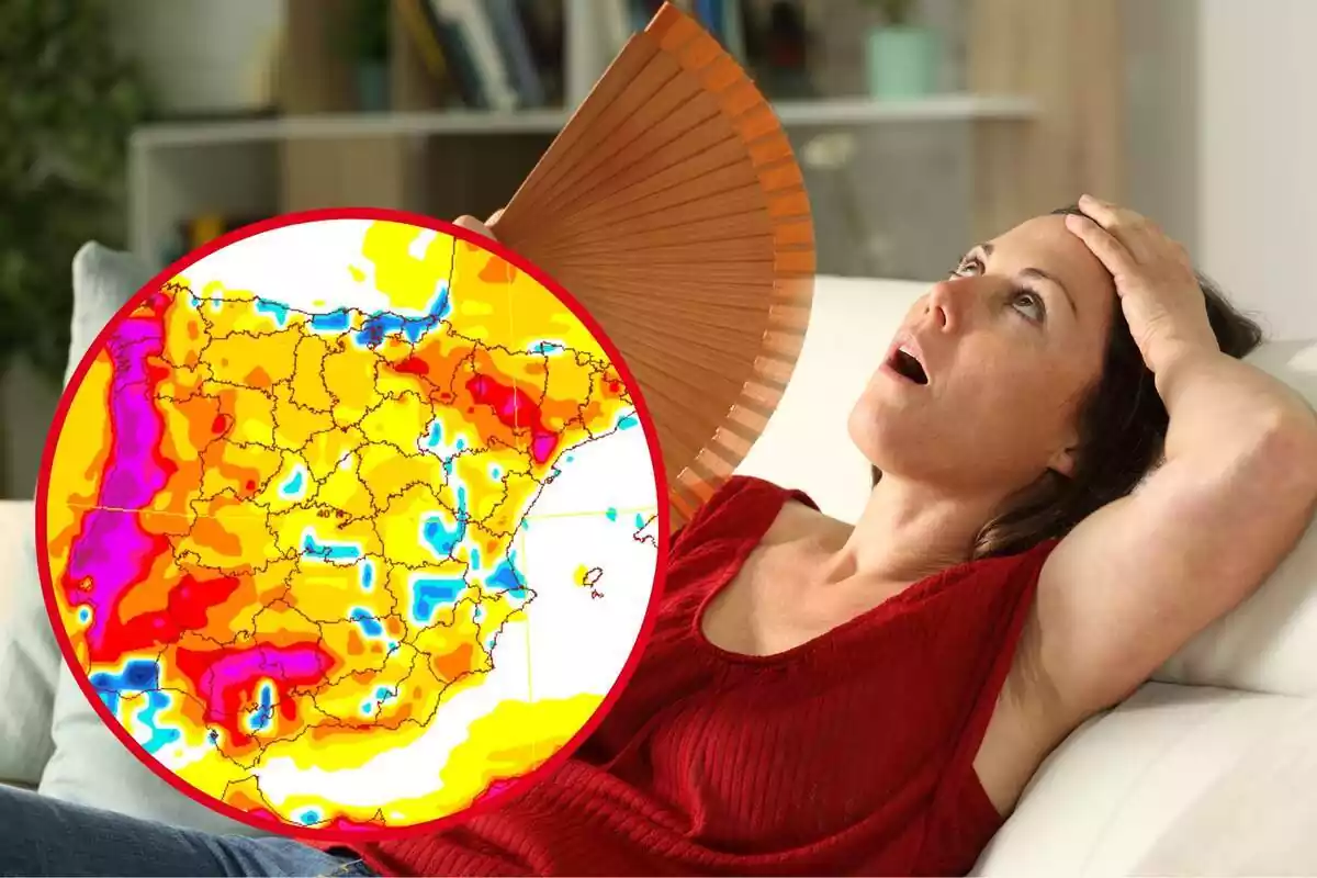 Montaje con una mujer en el sofá con un abanico y un círculo con el mapa de temperaturas máximas de la AEMET