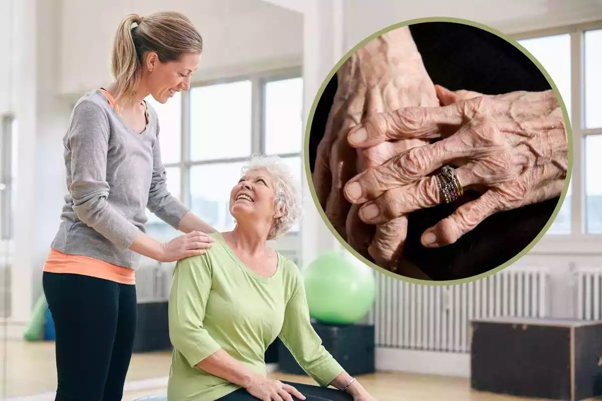 Montaje con una mujer joven y una mujer mayor en un gimnasio y un círculo con unas manos envejecidas