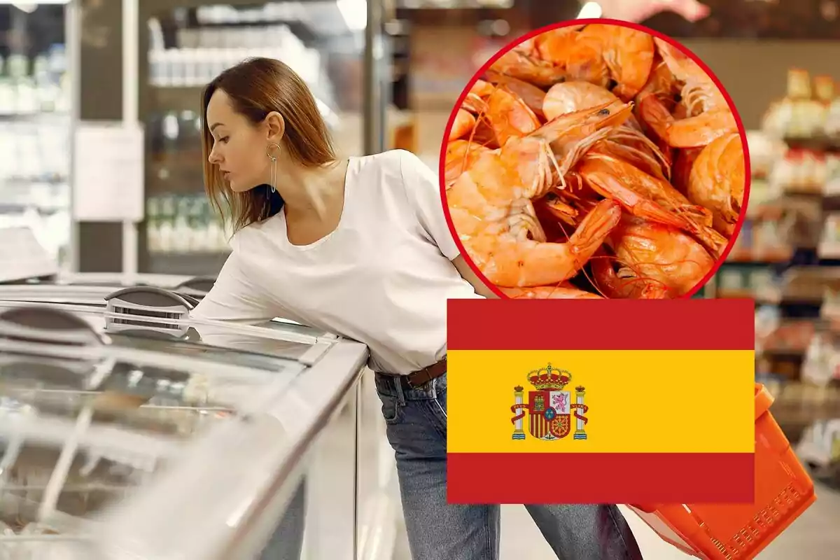 Una mujer está comprando en un supermercado, con una cesta de compras en la mano, mientras se muestra una imagen de camarones y la bandera de España.