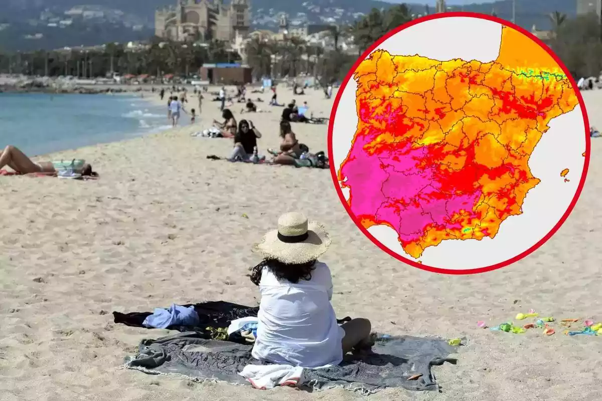 Montaje con una mujer de espaldas en la playa y un círculo con el mapa de temperaturas de la AEMET del viernes 6 de octubre de 2023