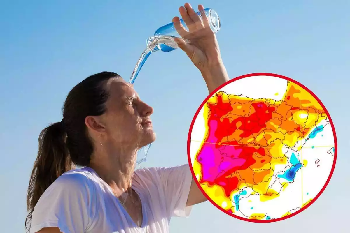 Montaje con una mujer echándose agua en la cara con una botella y un círculo con el mapa de temperaturas máximas de la AEMET del viernes, 23 de junio