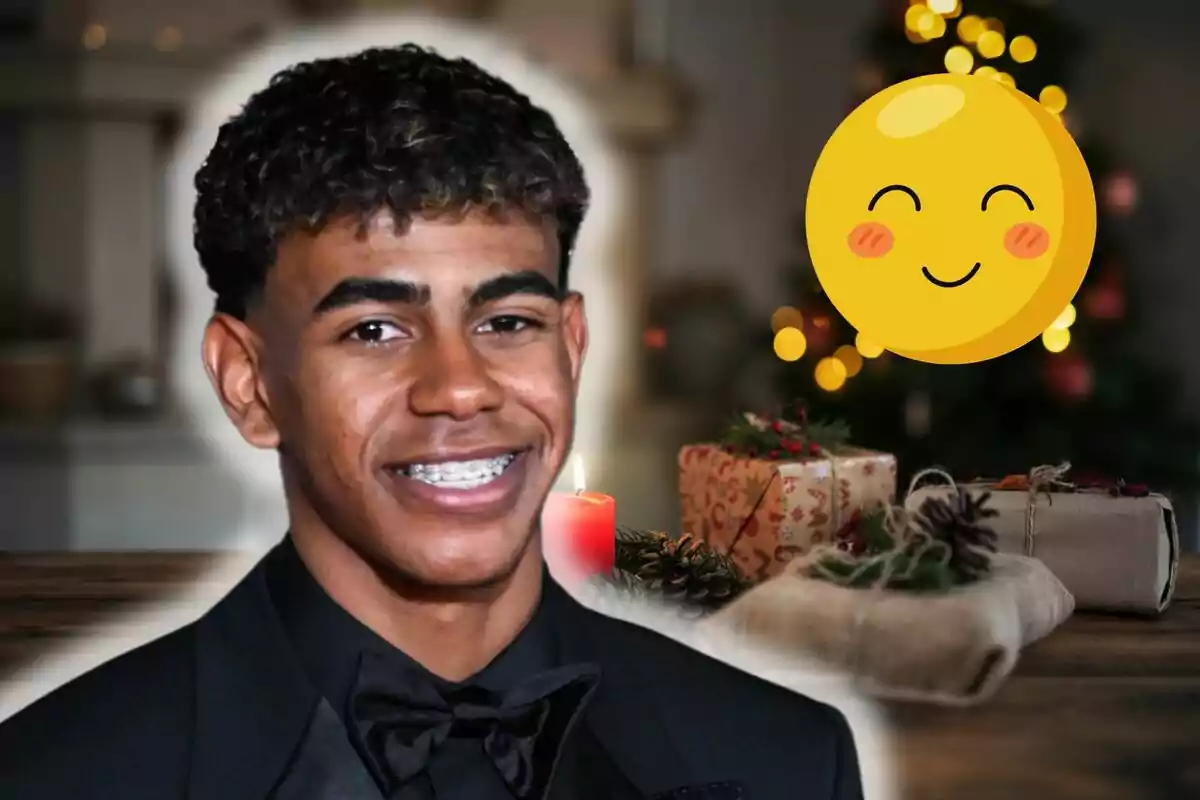 A smiling young man with braces and a happy emoji next to him, with a background of presents and Christmas lights.