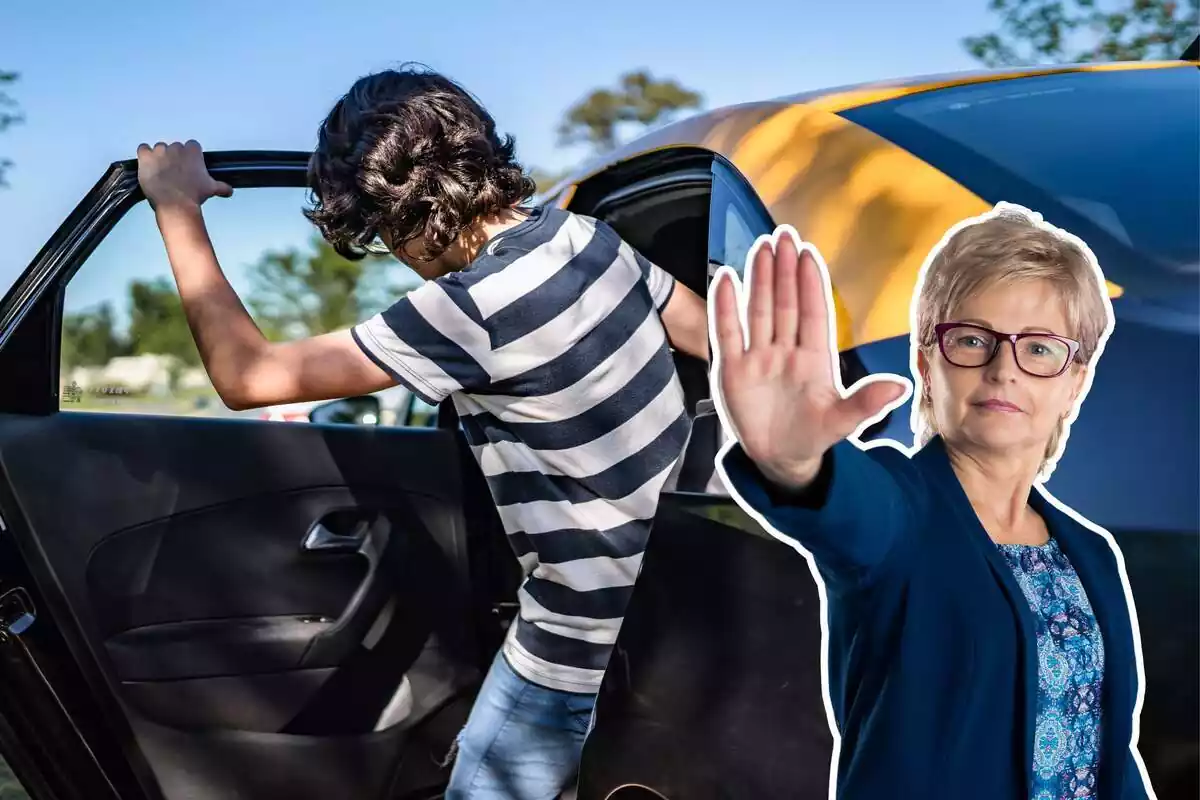 Montaje de un niño bajando de un coche y una mujer señalando 