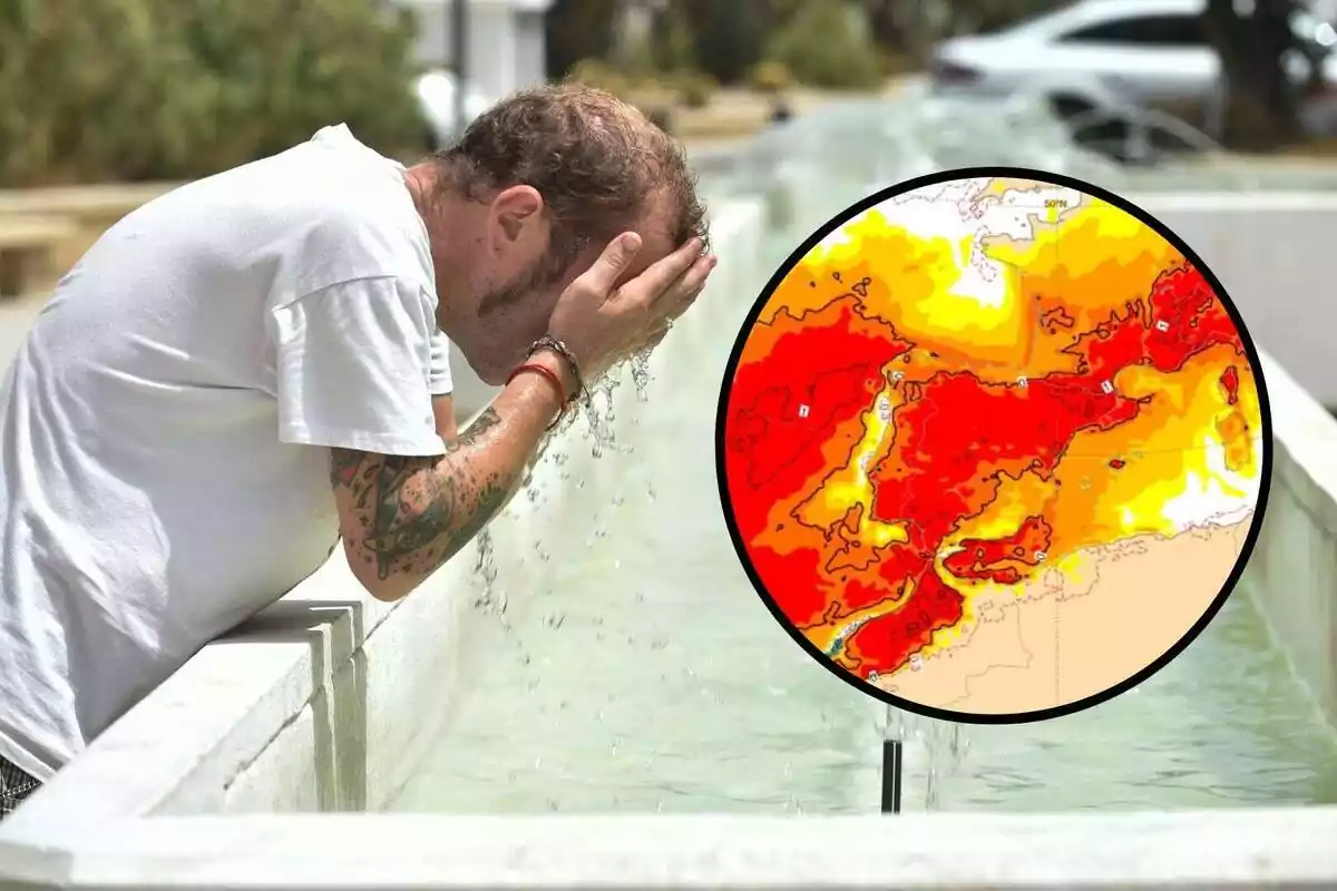 Montaje de un hombre refrescándose la cara en una fuente de la calle y una redonda con un mapa meteorológico mostrando calor
