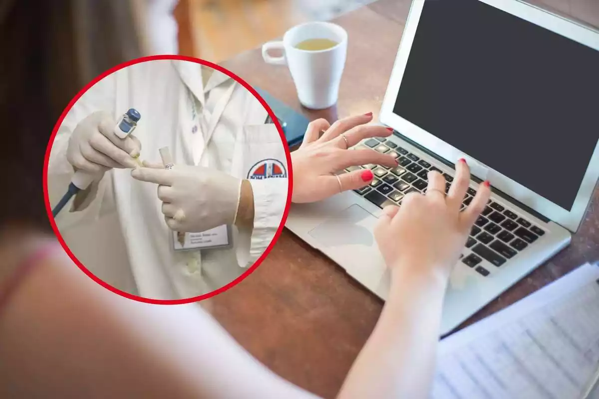 Montaje de una persona utilizando un portátil y una redonda con unas manos de médico