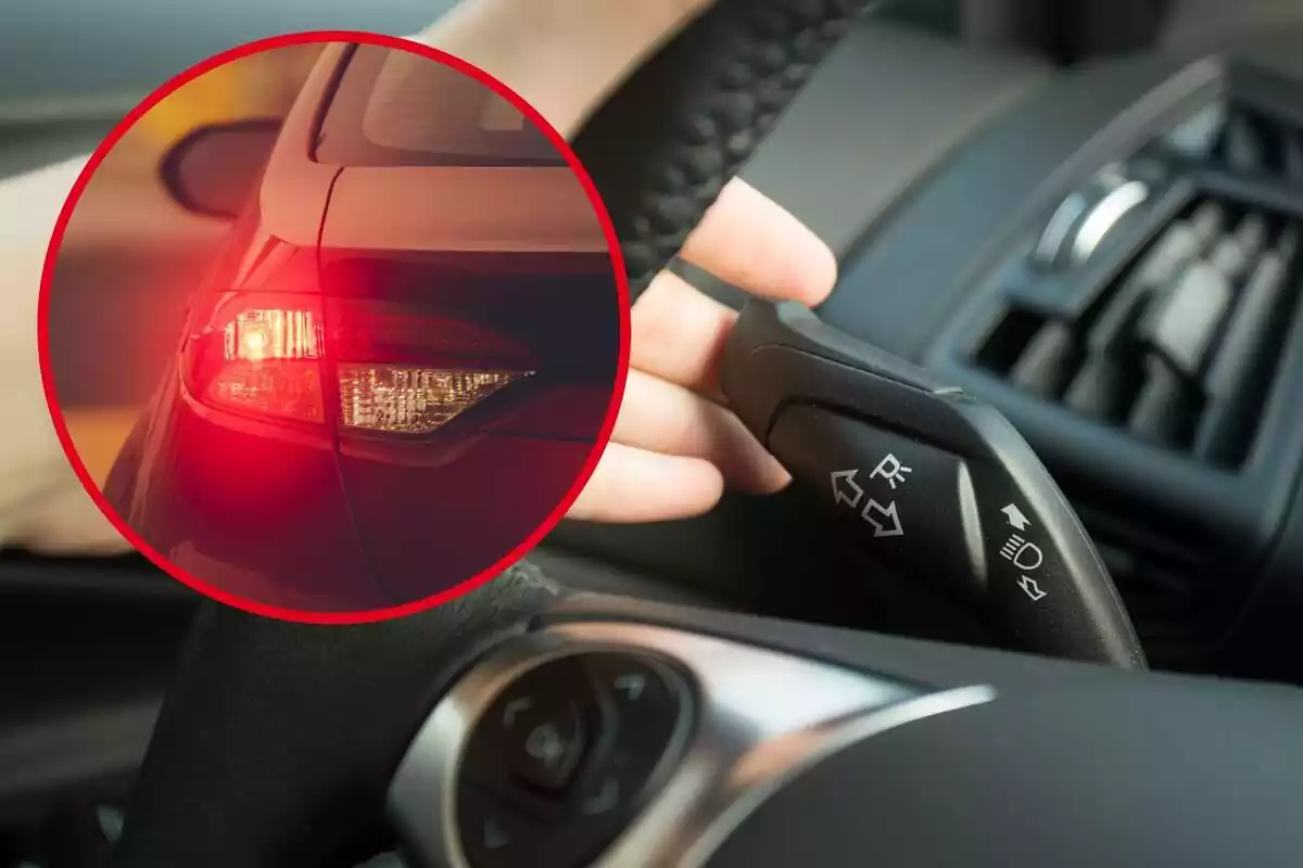 Montaje con una mano usando la palanca de intermitentes en el volante de un coche y un círculo con la luz intermitente trasera de un coche encendida
