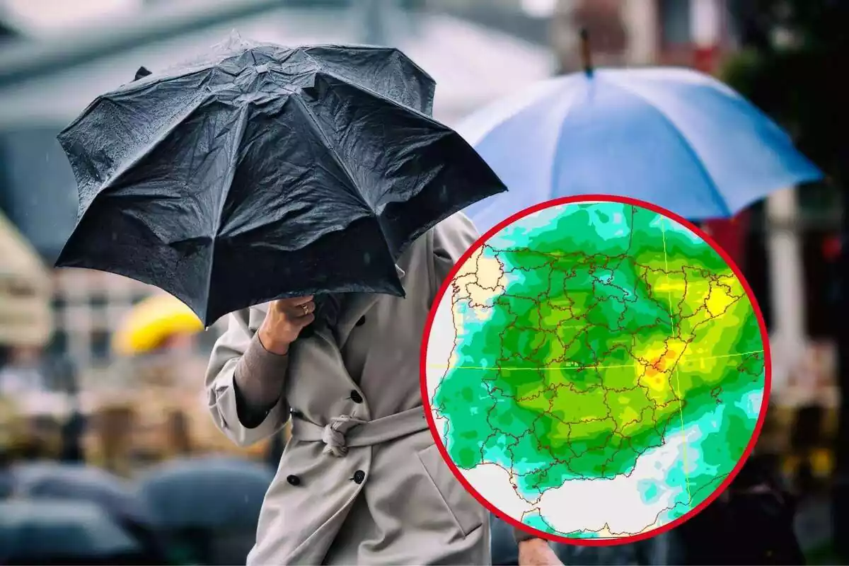 Montaje con una imagen de una persona con un paraguas y un círculo con el mapa de precipitaciones de la AEMET