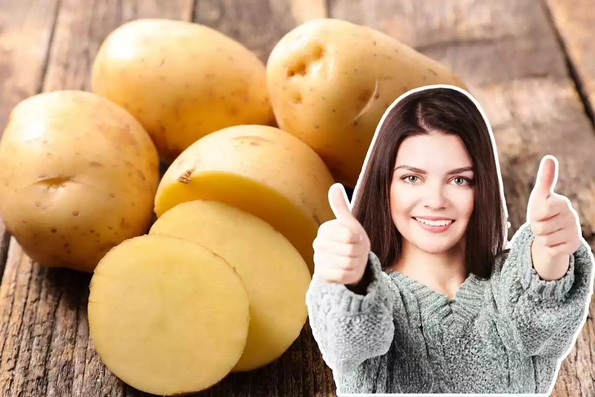 Montaje de patatas de fondo y una chica levantando los pulgares