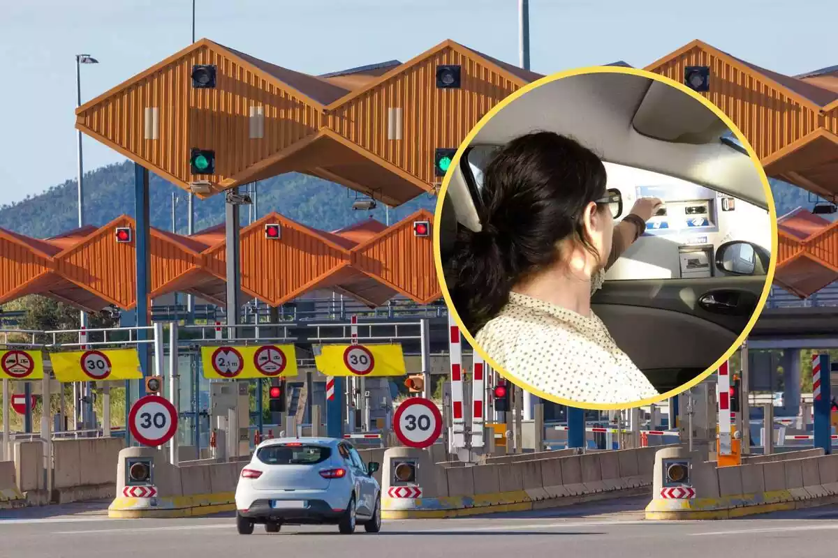 Montaje de la vista exterior de una parada de peajes y una redonda de una señora en un coche pagando un peaje