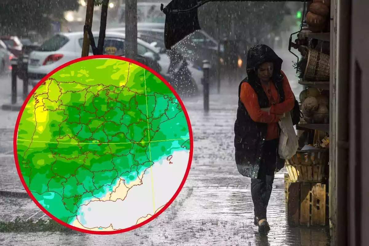 Montaje con una mujer andando por la calle en pleno temporal de lluvia y un círculo con el mapa de precipitaciones de la AEMET