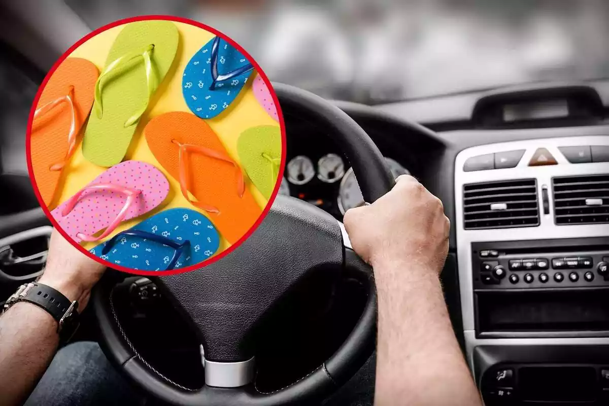 Montaje con una persona conduciendo un coche y un círculo con varias chanclas de colores