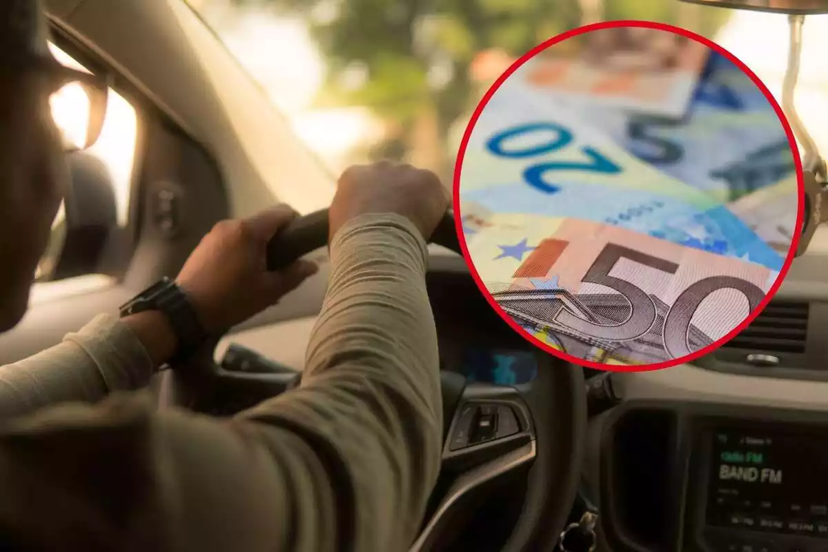 Montaje con una persona conduciendo un coche y un círculo con varios billetes de euro