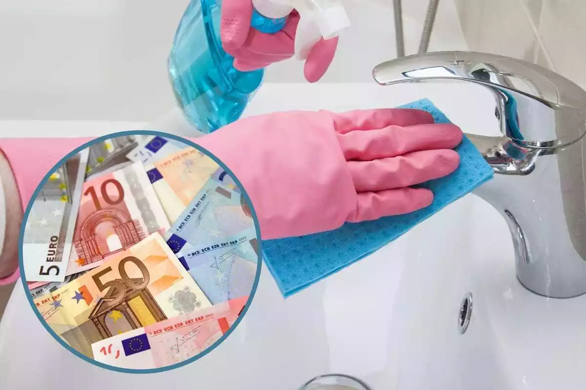 Montaje con una persona limpiando el baño con guantes y un círculo con billetes de euro
